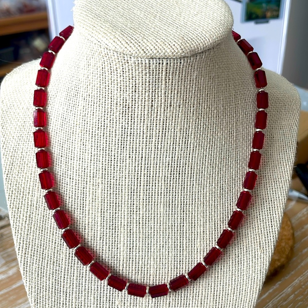 Swarovski Necklace Siam Red Beads from 1970’s Silver Plated 17.25”♥️♥️Valentines